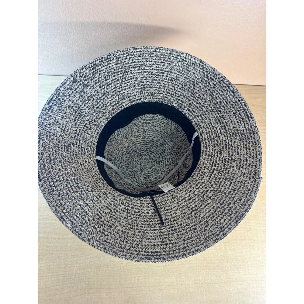 Woven Paper Straw Wide Brim Sun Hat Navy Tan Marled with Wood Bead Band